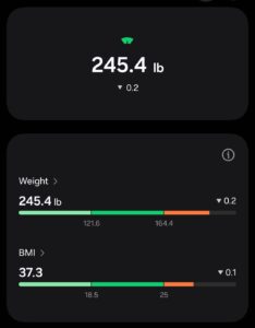 A screenshot from the Samsung Health app showing a weight of 245.4 lbs and a BMI of 37.3, documenting a lifestyle reset journey.