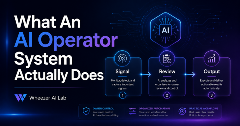 Featured image for “What An AI Operator System Actually Does” showing a glowing AI chip, a three-step workflow of Signal, Review, and Output, and the Wheezer AI Lab logo.